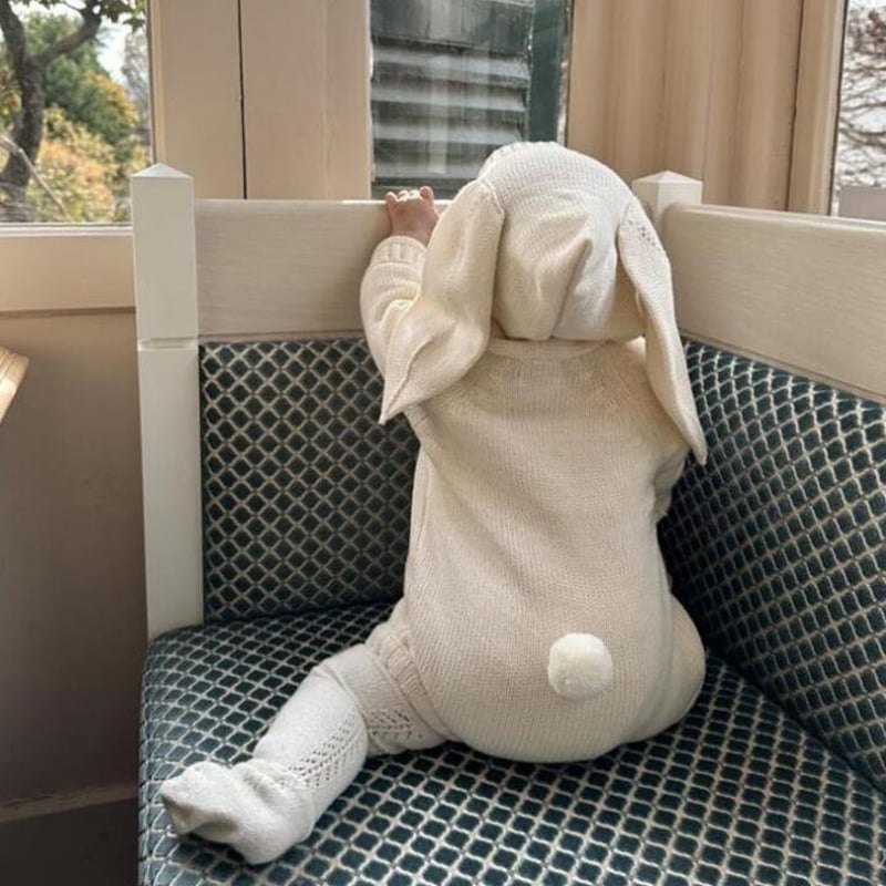 ベビー服 うさ耳フード ニットロンパースカバーオール パーカー 帽子 