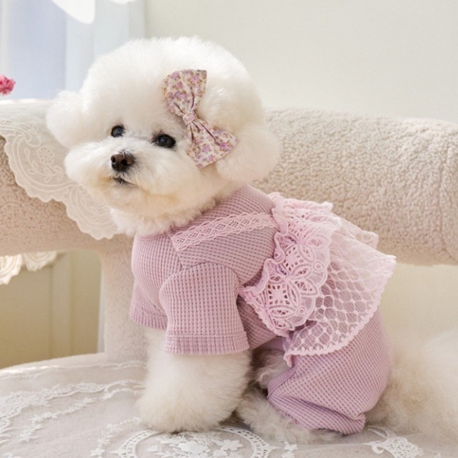 犬服♥️キャミ　フリルロンパース　ピンク　ハンドメイド　オーダー 犬服 レースフリルキャミ重ね着風ロンパース トップス ペット服