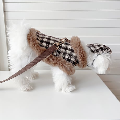 送料無料！ 犬服 チェック柄ファーマント ベレー帽 リード 3点セット ケープ コート ペット服 犬 おしゃれ かわいい 安い 小型犬 中型犬 大型犬