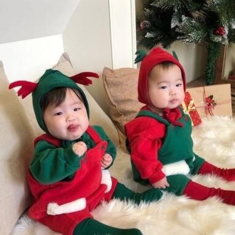 ベビー服 トナカイ帽子 クリスマスカラーロンパース サロペット 秋冬 