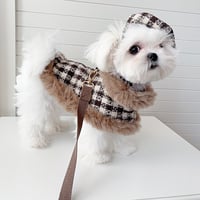 送料無料！ 犬服 チェック柄ファーマント ベレー帽 リード 3点セット ケープ コート ペット服 犬 おしゃれ かわいい 安い 小型犬 中型犬 大型犬