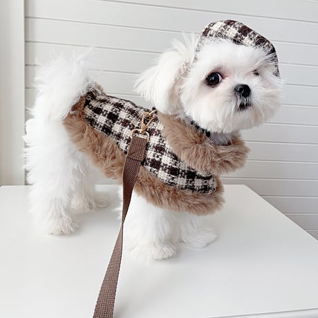 送料無料！ 犬服 チェック柄ファーマント ベレー帽 リード 3点セット ケープ コート ペット服 犬 おしゃれ かわいい 安い 小型犬 中型犬 大型犬