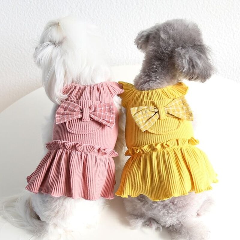 リブワンピース バックリボン フリル 犬服 ペット服 ドッグ リブワンピース バックリボン フリル 犬服 ペット服 ドッグ