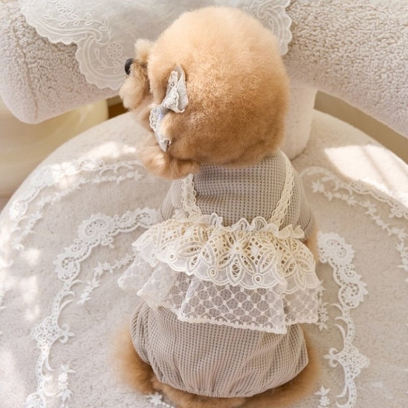 犬服♥️キャミ　フリルロンパース　ピンク　ハンドメイド　オーダー 犬服 レースフリルキャミ重ね着風ロンパース トップス ペット服