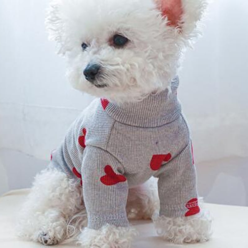 ペット服 ハート柄タートルネック長袖ニット ドッグウェア 犬服