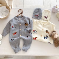 ベビー服 犬刺繍入りロンパース ニット帽子付き つなぎ 男の子 女の子 ベビー 新生児 キッズ 子供 トドラー ベビーウェア プレゼント 出産祝い