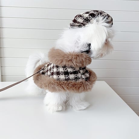 送料無料！ 犬服 チェック柄ファーマント ベレー帽 リード 3点セット ケープ コート ペット服 犬 おしゃれ かわいい 安い 小型犬 中型犬 大型犬