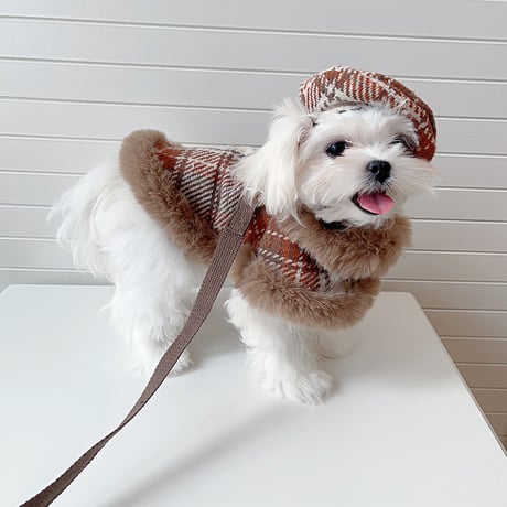 送料無料！ 犬服 チェック柄ファーマント ベレー帽 リード 3点セット ケープ コート ペット服 犬 おしゃれ かわいい 安い 小型犬 中型犬 大型犬