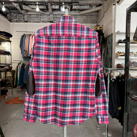 MAISON MARGIELA LEATHER ELBOW PATCH CHECK FLANNEL SHIRT PINK 44 S50DL0270 37193