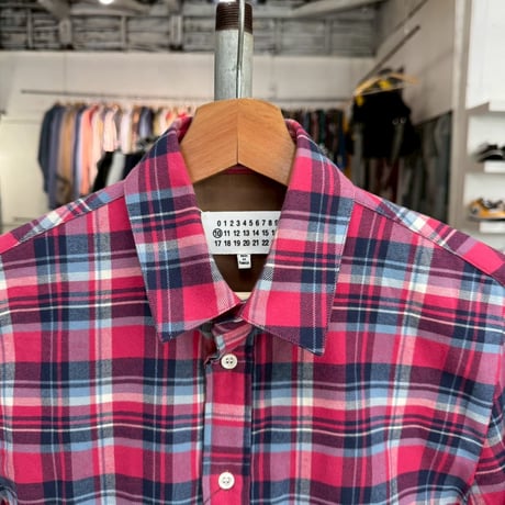 MAISON MARGIELA LEATHER ELBOW PATCH CHECK FLANNEL SHIRT PINK 44 S50DL0270 37193