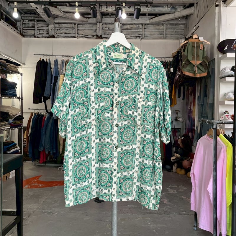 60S VINTAGE RAYON ALOHA SS SHIRT GREEN fits MED