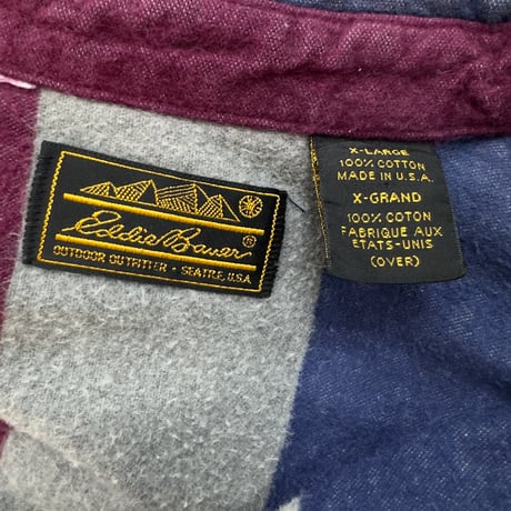 EDDIE BAUER 90S BORDER COTTON FLANNEL SHIRT XL GREY/NAVY 79090