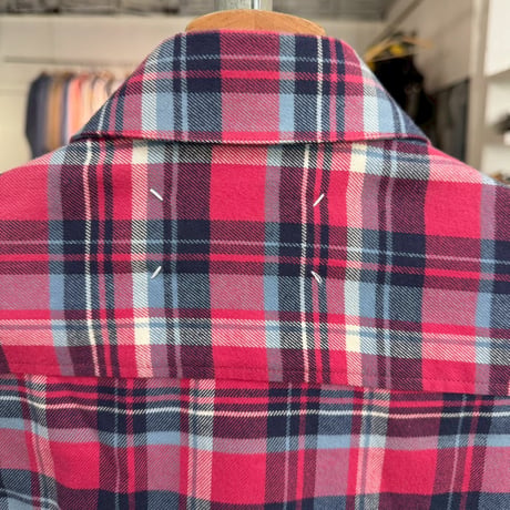 MAISON MARGIELA LEATHER ELBOW PATCH CHECK FLANNEL SHIRT PINK 44 S50DL0270 37193