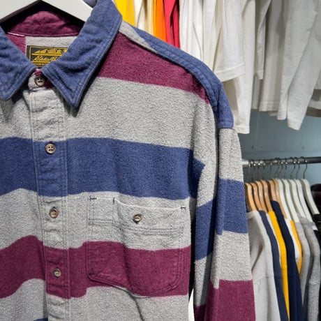 EDDIE BAUER 90S BORDER COTTON FLANNEL SHIRT XL GREY/NAVY 79090