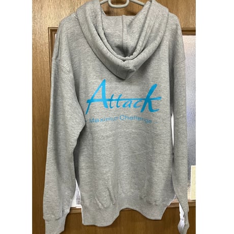 Attack　フードジップパーカ(裏パイル)　　 杢グレー ロゴ　水色　L