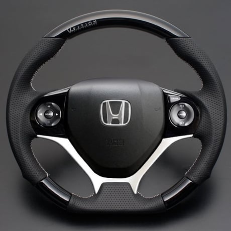 ジェイド　V-VISIONオリジナルロゴ入りステアリング（ピアノブラック×ホワイトステッチ）