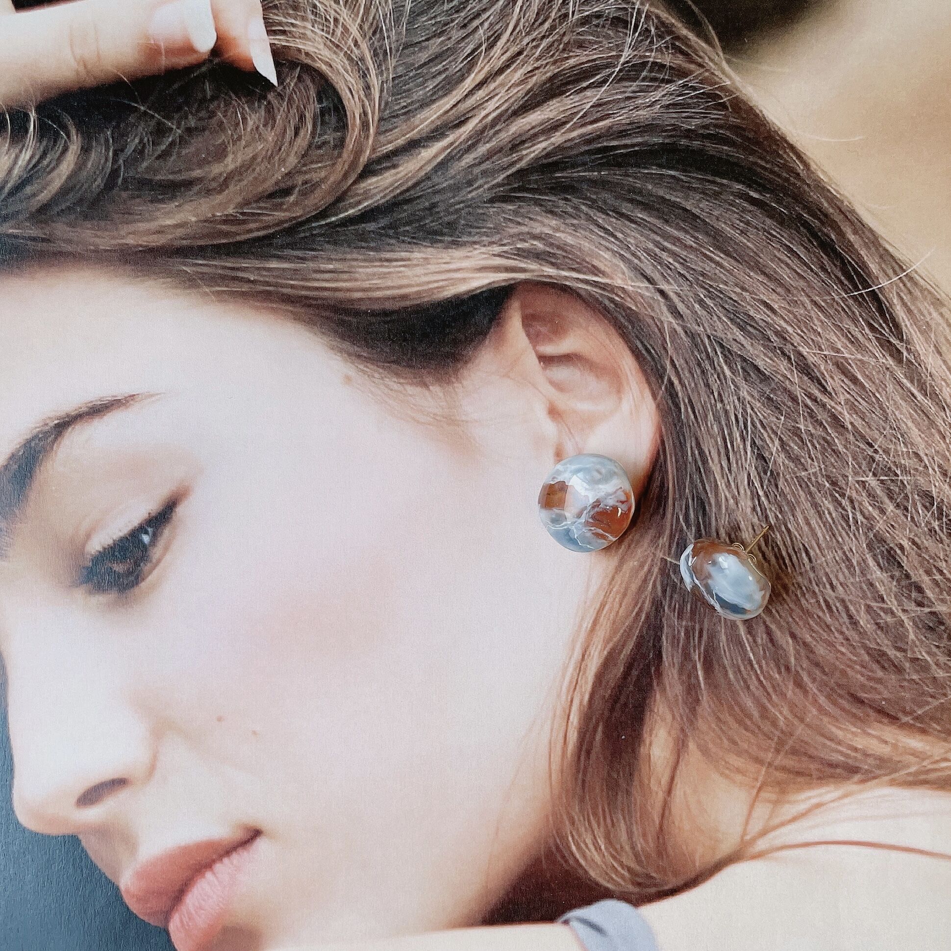 Maronさん専用♡天然石とshellピアス イヤリング Resin pierce ＆ earring 〗マーブル天然石風Bleu×Sepia br