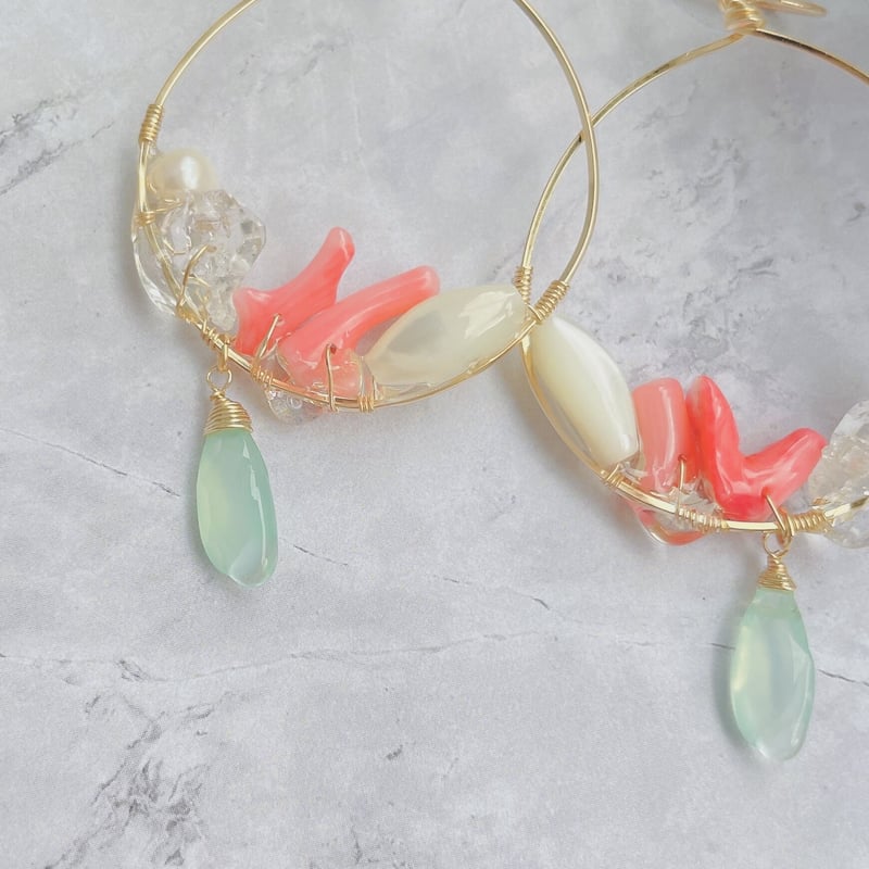 pierce 〗レジンがしたたる天然石ピアス(ピンク珊瑚) | mer scintillante