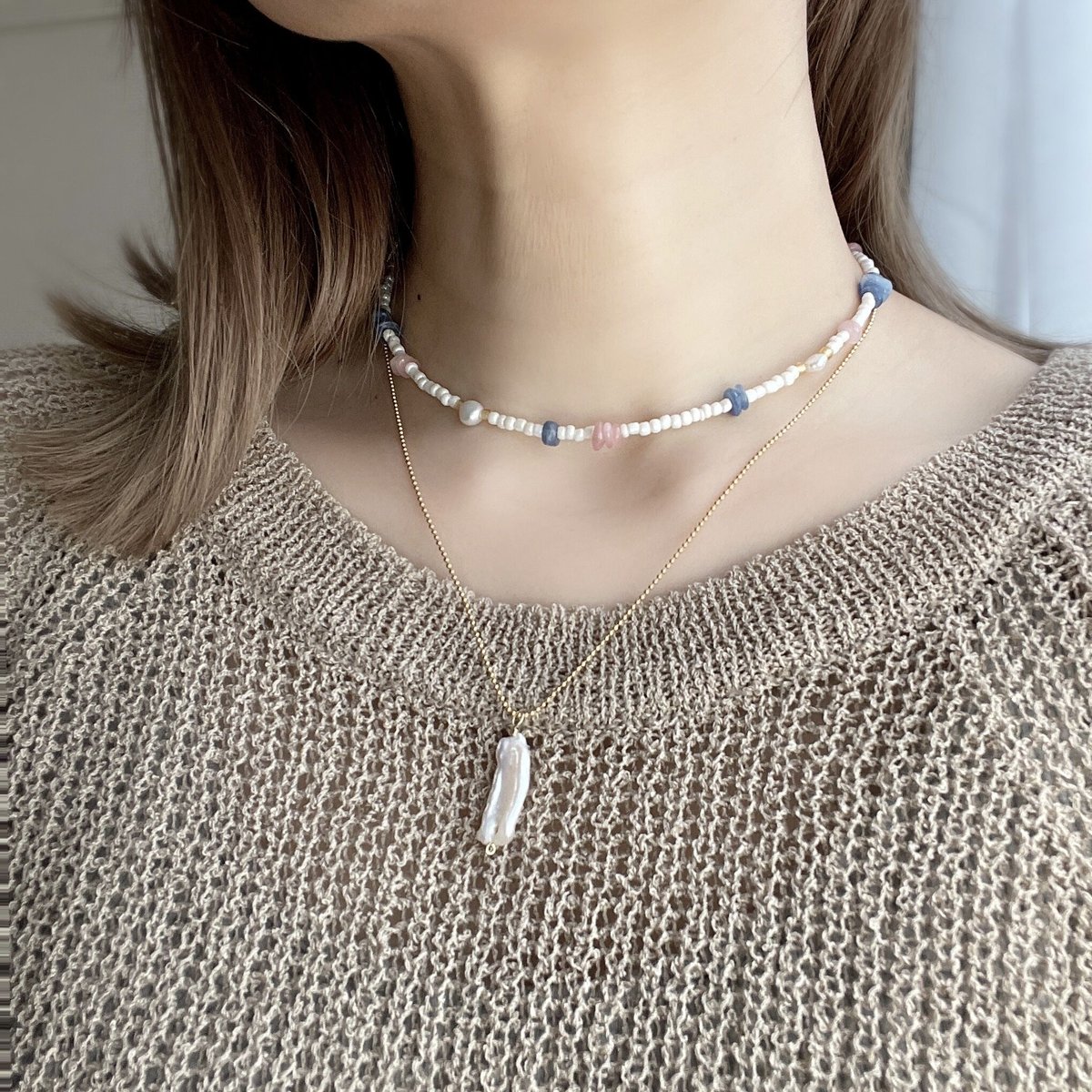 necklace 〗2way さざれ石×シアーホワイトビーズ | mer scintill