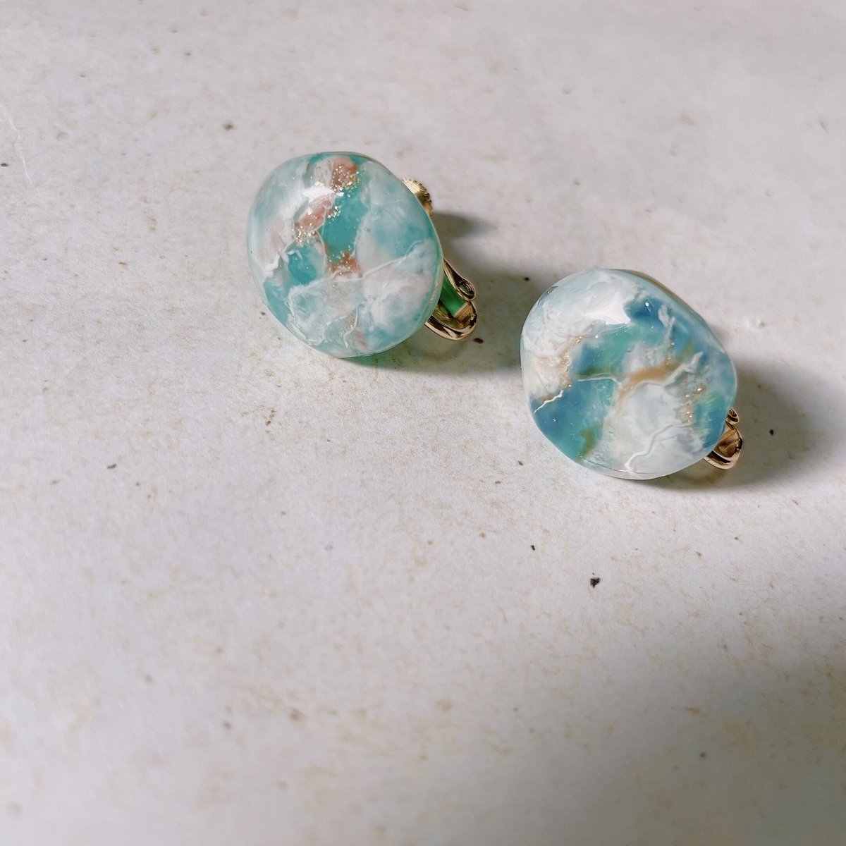 〖 Resin pierce ＆ earring 〗マーブル天然石風Sea green