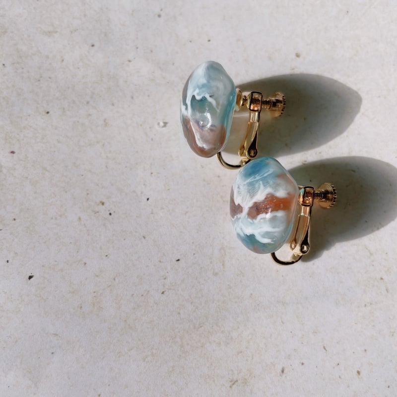 Resin pierce ＆ earring 〗マーブル天然石風Bleu×Sepia br