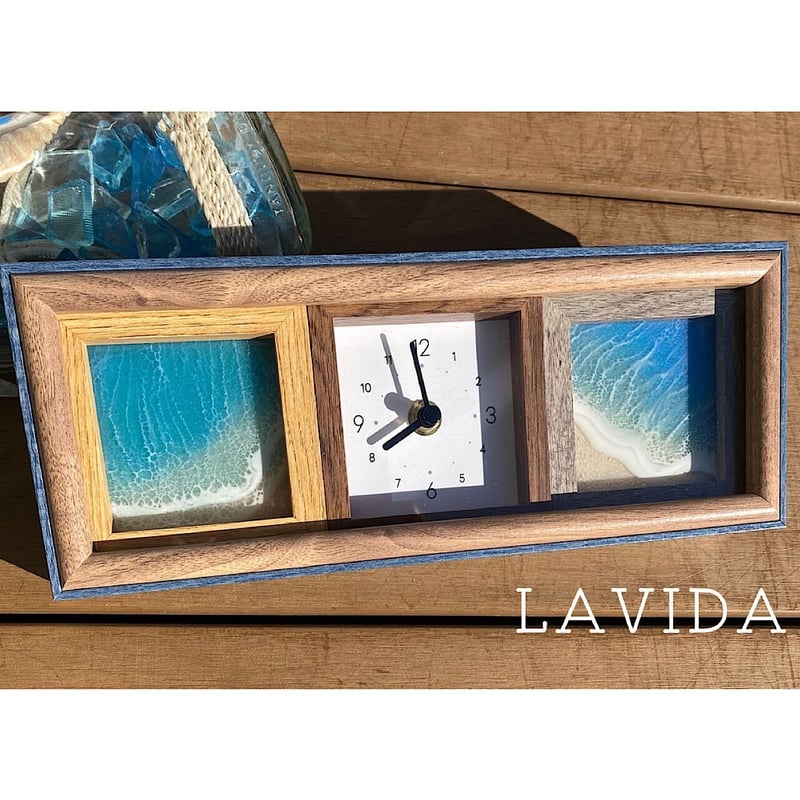 海のレジンアート フォトフレーム 一体型 置き時計 オーシャンアート