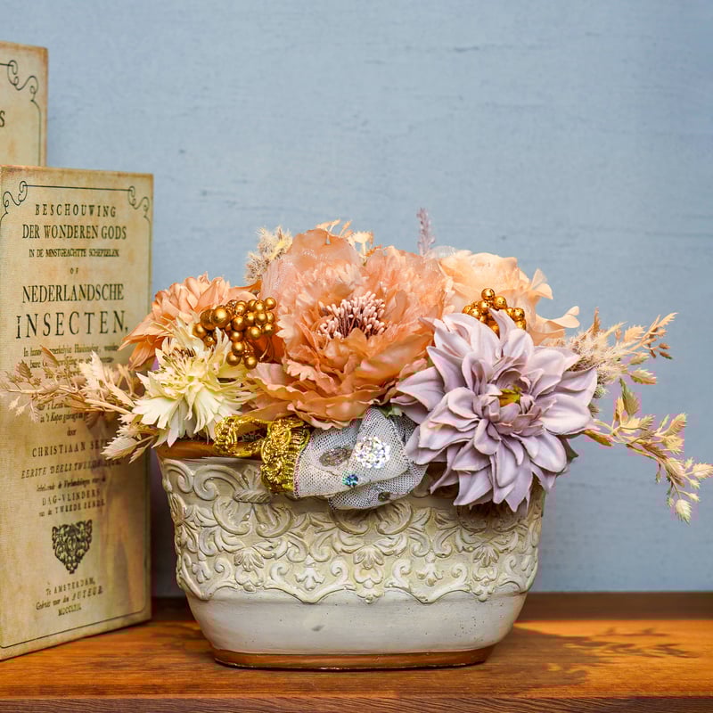 高級 造花 アレンジメント ニュアンスカラー ヴィンテージ加工鉢〈一点