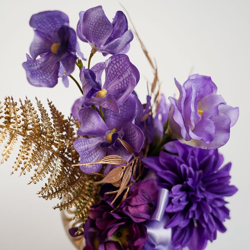 手作りキット】高級 造花 古希をお祝いする 紫のアレンジ ゴールド陶器 