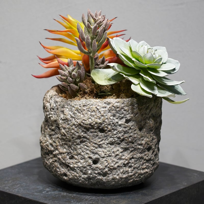 高級 造花 フェイクグリーン 多肉寄せ植え ロック風鉢（大