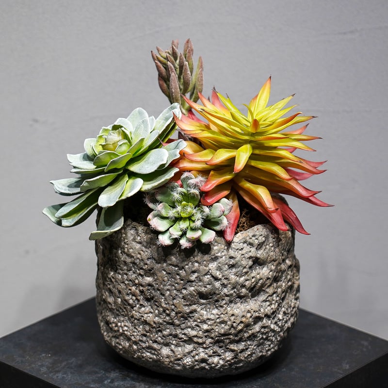 高級 造花 フェイクグリーン 多肉寄せ植え ロック風鉢（大