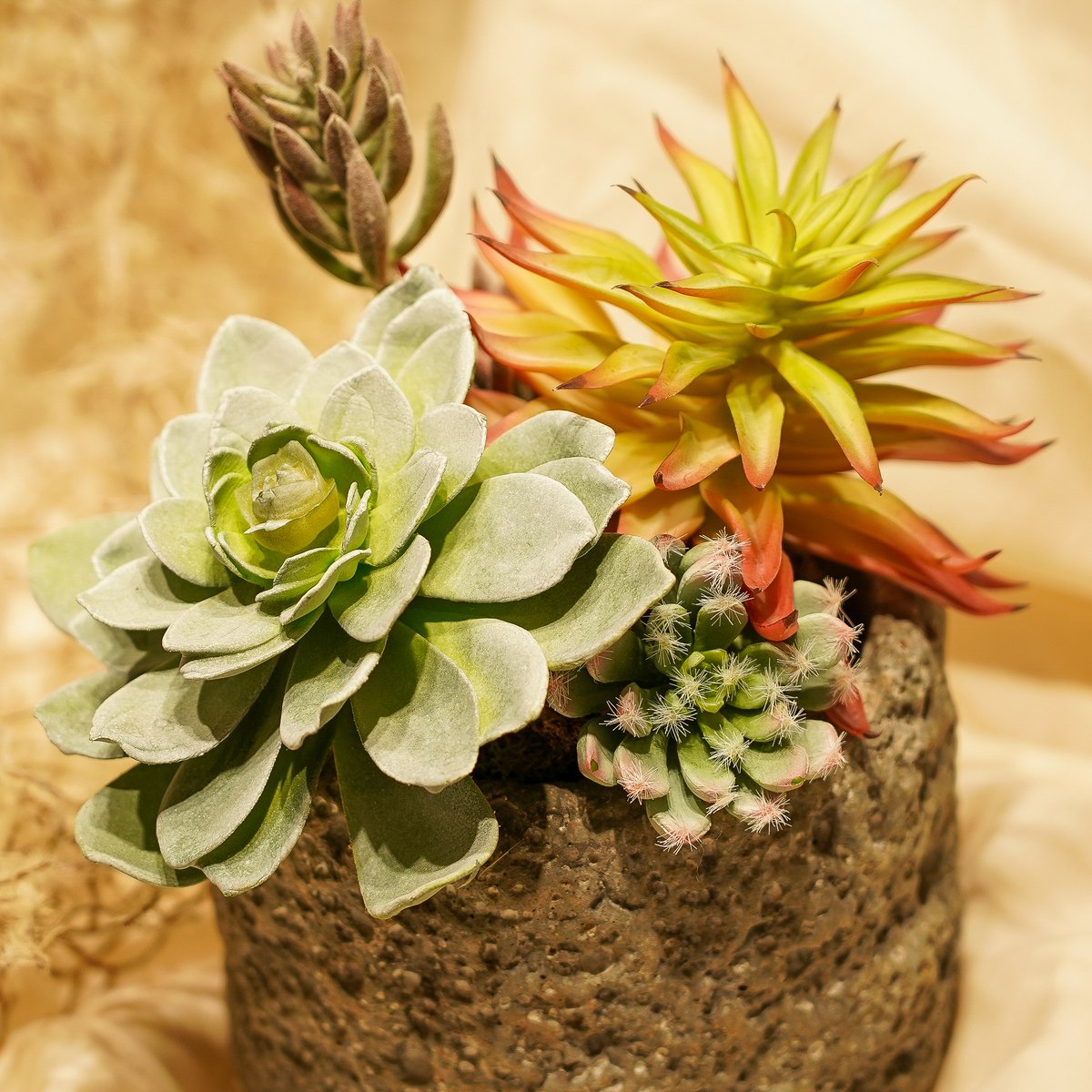 多肉植物 高級 造花 フェイクグリーン 多肉寄せ植え ロック風鉢（大）〈一点もの