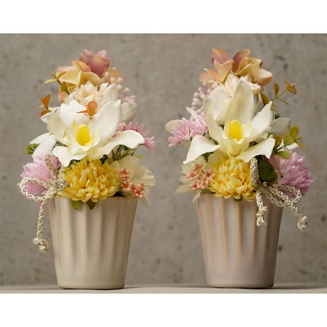 高級 造花　仏壇供花　蘭 パステルミックス　陶器２個セット〈一点もの〉