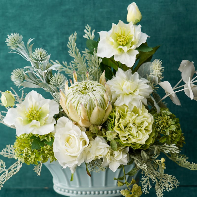 高級 造花 仏壇供花 白 グリーン 淡緑陶器 四角鉢〈一点もの〉 | 高級