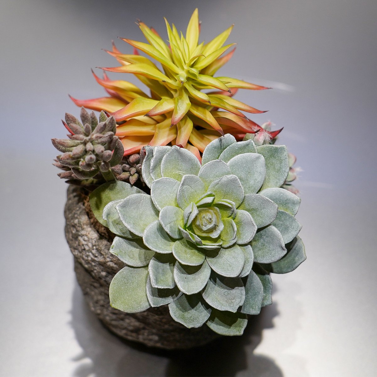 高級 造花 フェイクグリーン 多肉寄せ植え ロック風鉢（大