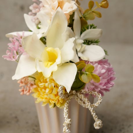高級 造花　仏壇供花　蘭 パステルミックス　陶器２個セット〈一点もの〉