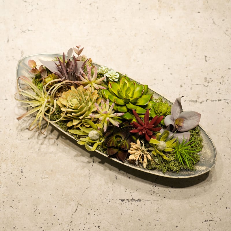 高級 造花 フェイクグリーン 多肉寄せ植え 舟型鉢〈一点もの〉 | 高級
