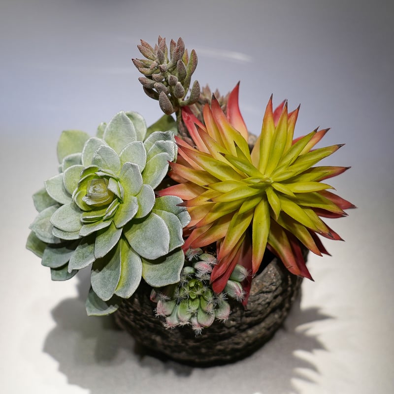 高級 造花 フェイクグリーン 多肉寄せ植え ロック風鉢（大