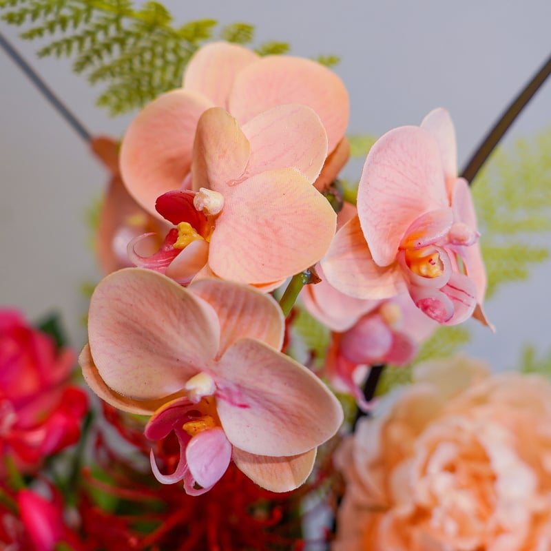 高級 造花 蘭 ピンクオレンジのビビットなアレンジメント 黒オーバル鉢