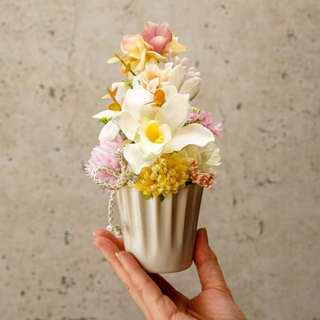 高級 造花　仏壇供花　蘭 パステルミックス　陶器２個セット〈一点もの〉