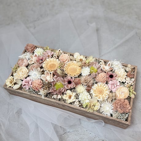 高級 造花　ウッドフレーム　パステルアレンジメント〈一点もの〉　38cm×18cm