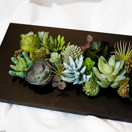 高級 造花　ウッドフレーム　ブラック　多肉植物アレンジメント2〈一点もの〉40cm