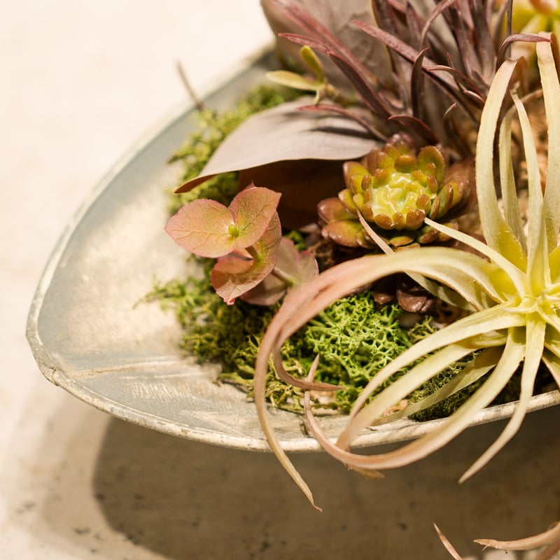 高級 造花 フェイクグリーン 多肉寄せ植え 舟型鉢〈一点もの〉 | 高級