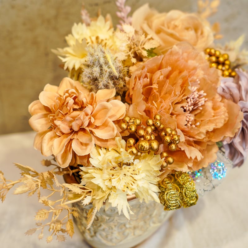 高級 造花 アレンジメント ニュアンスカラー ヴィンテージ加工鉢〈一点