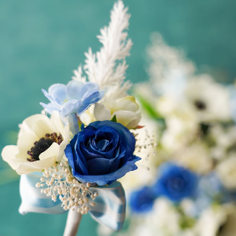 高級 造花 白と青のブーケ・ブートニアセット〈一点もの〉 | 高級 造花 ...