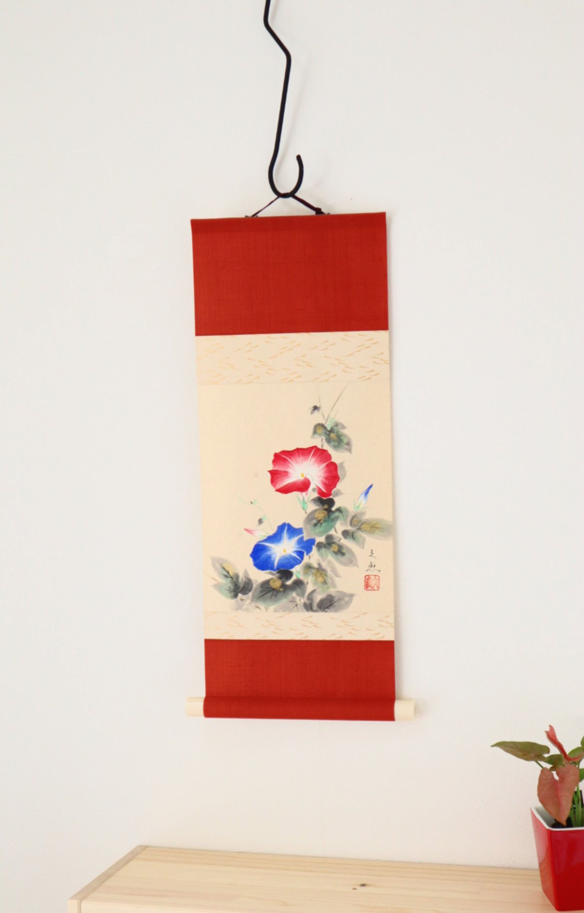 【朝顔に半月図】黒田古郷 2612 アサガオと月夜 掛け軸　肉筆 朝顔に半月図】黒田古郷 2612 アサガオと月夜 掛け軸 肉筆