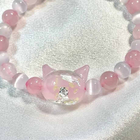 【大人からお子様まで】ホタルガラス（猫玉）の天然石ブレスレット｜キャッツアイ＆ローズクオーツ