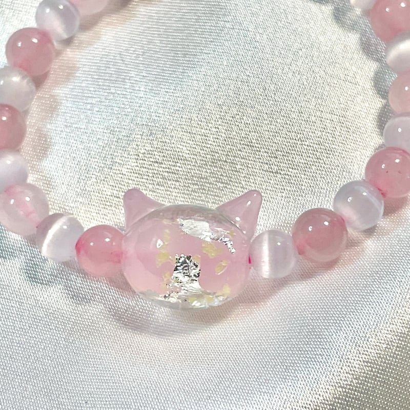 大人からお子様まで】ホタルガラス（猫玉）の天然石ブレスレット