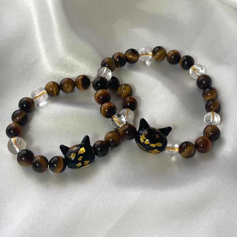 ねこ守りシリーズ】猫玉の天然石ブレスレット/タイガーアイ、水晶