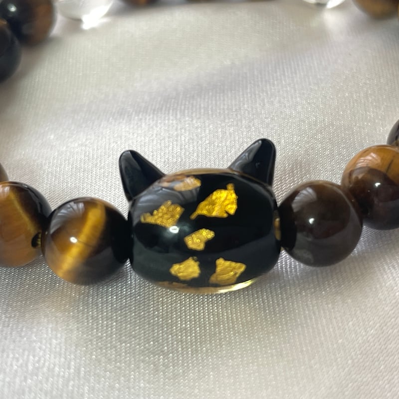 ねこ守りシリーズ】猫玉の天然石ブレスレット/タイガーアイ、水晶