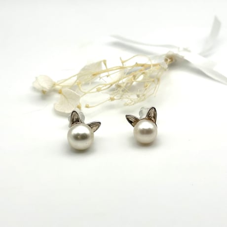 ねこ耳パールピアス/7mmパール